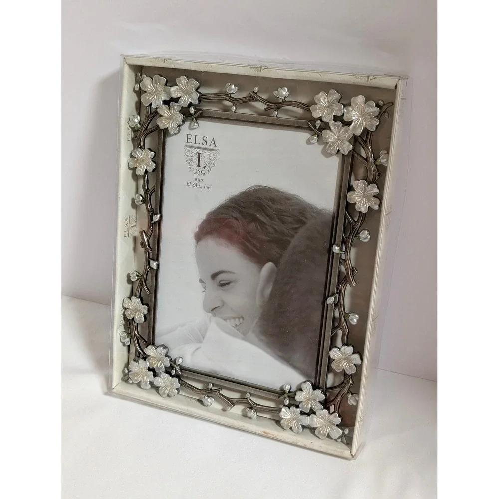 Elsa L Blossom Border 5x7 Picture Frame Silver Tone Floral Branch New In Box